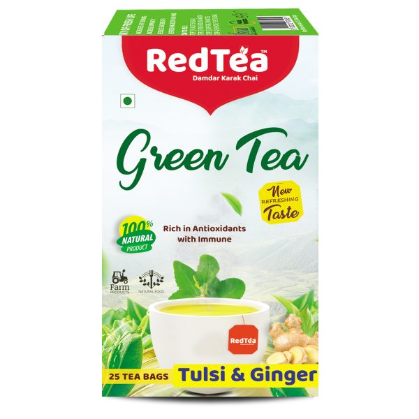 RedTea Premium Tulsi & Ginger Flavored Leaf Green Tea, Immune with Added Vitamin | Green Tea Box (25 Bags) - Image 4