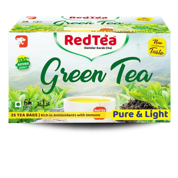 RedTea Premium Pure & Light Flavored Leaf Green Tea, Immune with Added Vitamin | Green Tea Box (25 Bags)