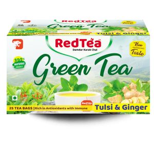 RedTea Premium Tulsi & Ginger Flavored Leaf Green Tea, Immune with Added Vitamin | Green Tea Box (25 Bags)