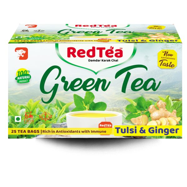 RedTea Premium Tulsi & Ginger Flavored Leaf Green Tea, Immune with Added Vitamin | Green Tea Box (25 Bags)