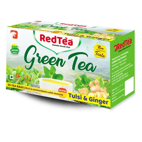 RedTea Premium Tulsi & Ginger Flavored Leaf Green Tea, Immune with Added Vitamin | Green Tea Box (25 Bags) - Image 2