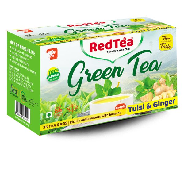 RedTea Premium Tulsi & Ginger Flavored Leaf Green Tea, Immune with Added Vitamin | Green Tea Box (25 Bags) - Image 3