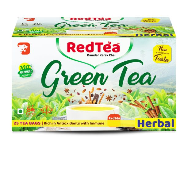 RedTea Premium Herbal Flavored Leaf Green Tea, Immune with Added Vitamin | Herbs Green Tea Box (25 Bags)