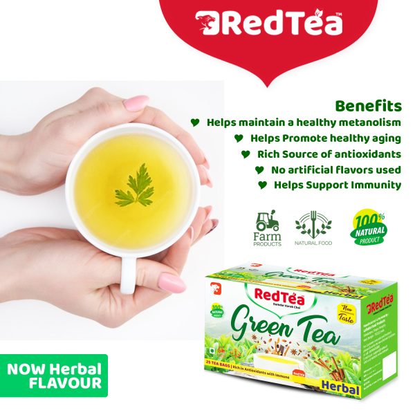RedTea Premium Herbal Flavored Leaf Green Tea, Immune with Added Vitamin | Herbs Green Tea Box (25 Bags) - Image 6