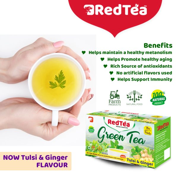 RedTea Premium Tulsi & Ginger Flavored Leaf Green Tea, Immune with Added Vitamin | Green Tea Box (25 Bags) - Image 6