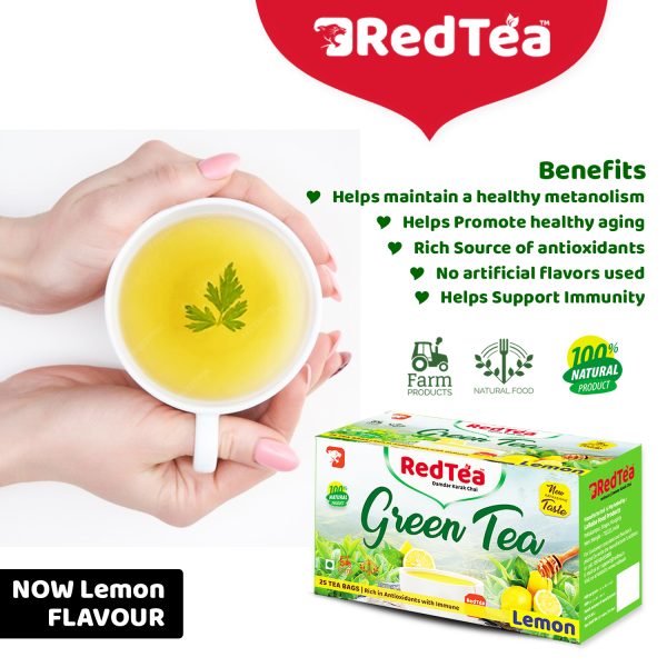 RedTea Premium Lemon Flavored Leaf Green Tea, Immune with Added Vitamin C | Green Tea Box 25 Bags - Image 5