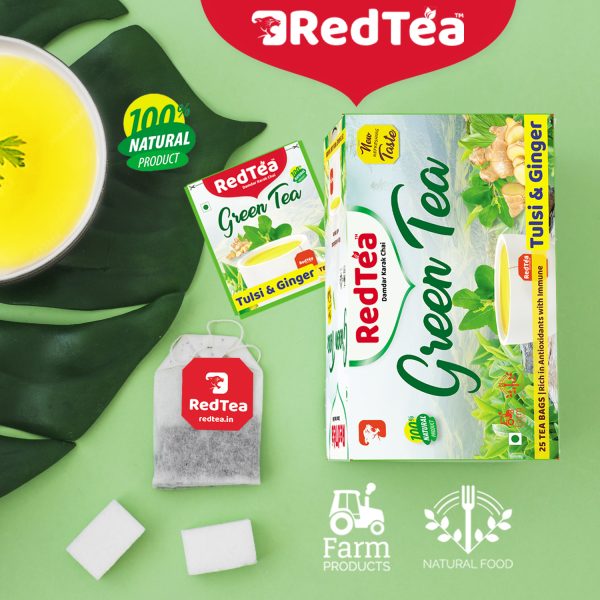 RedTea Premium Tulsi & Ginger Flavored Leaf Green Tea, Immune with Added Vitamin | Green Tea Box (25 Bags) - Image 7