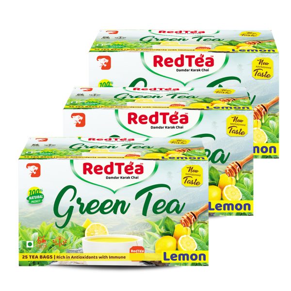 RedTea Premium Lemon Flavored Leaf Green Tea, Immune with Added Vitamin C | Green Tea  Box | Pack of 3 (75 Bags)