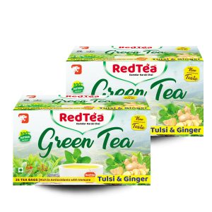 RedTea® Premium Tulsi & Ginger Flavored Leaf Green Tea, Immune with Added Vitamin | Green Tea Box Pack of 2 (50 Bags)