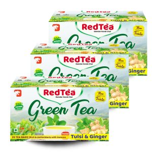 RedTea® Premium Tulsi & Ginger Flavored Leaf Green Tea, Immune with Added Vitamin | Green Tea Box Pack of 3 (75 Bags)