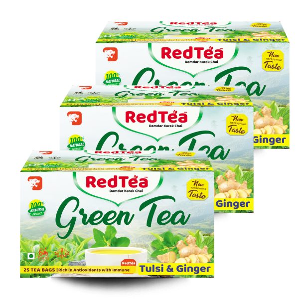 RedTea® Premium Tulsi & Ginger Flavored Leaf Green Tea, Immune with Added Vitamin | Green Tea Box Pack of 3 (75 Bags)