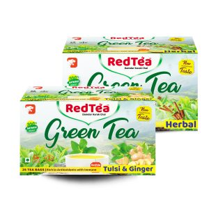 RedTea® Premium Tulsi & Ginger Flavored Leaf Green Tea + Premium Herbal Flavored Leaf Green Tea Immune with Added Vitamin | Green Tea Box Pack of 2 (50 Bags)