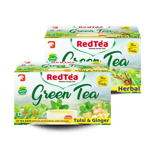 RedTea® Premium Tulsi & Ginger Flavored Leaf Green Tea + Premium Herbal Flavored Leaf Green Tea Immune with Added Vitamin | Green Tea Box Pack of 2 (50 Bags)