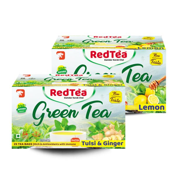 RedTea® Premium Pure & Light + Premium Lemon Flavored Leaf Green Tea, Immune with Added Vitamin | Green Tea Box Pack of 2 (50 Bags)
